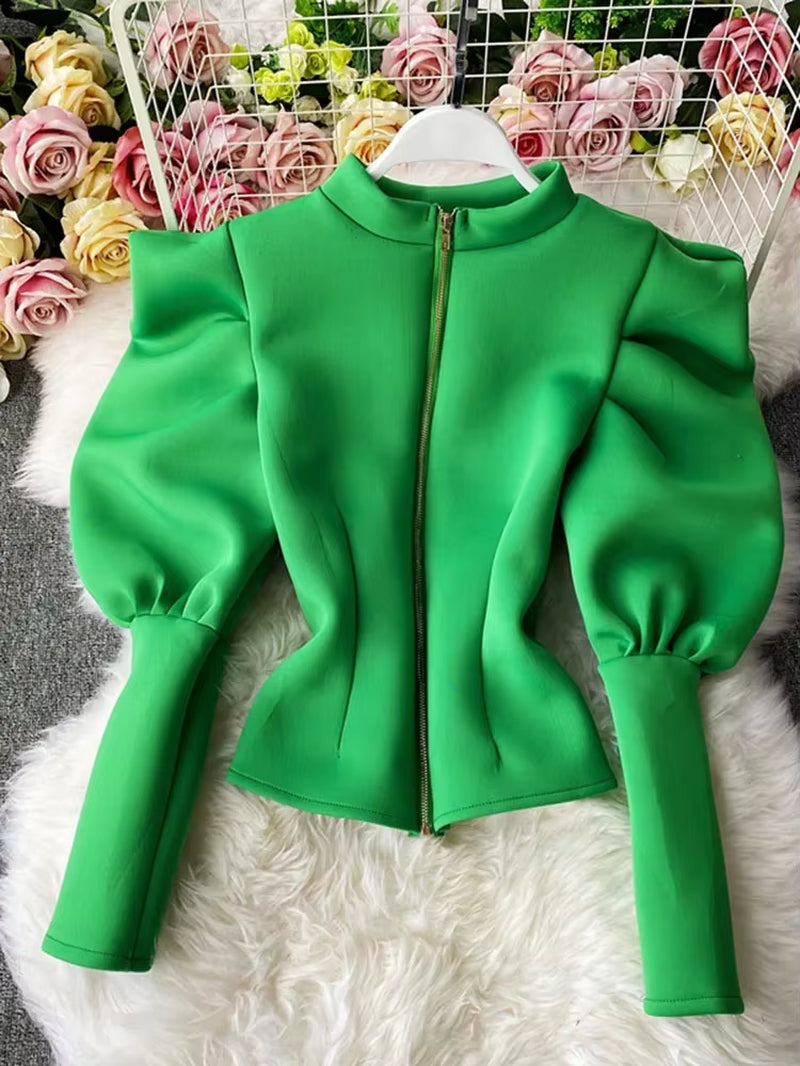 Temperament Stand-Up Collar Shirt Women New Sping Autumn Winter Slim Long-Sleeved Puff Sleeve Top GX1462