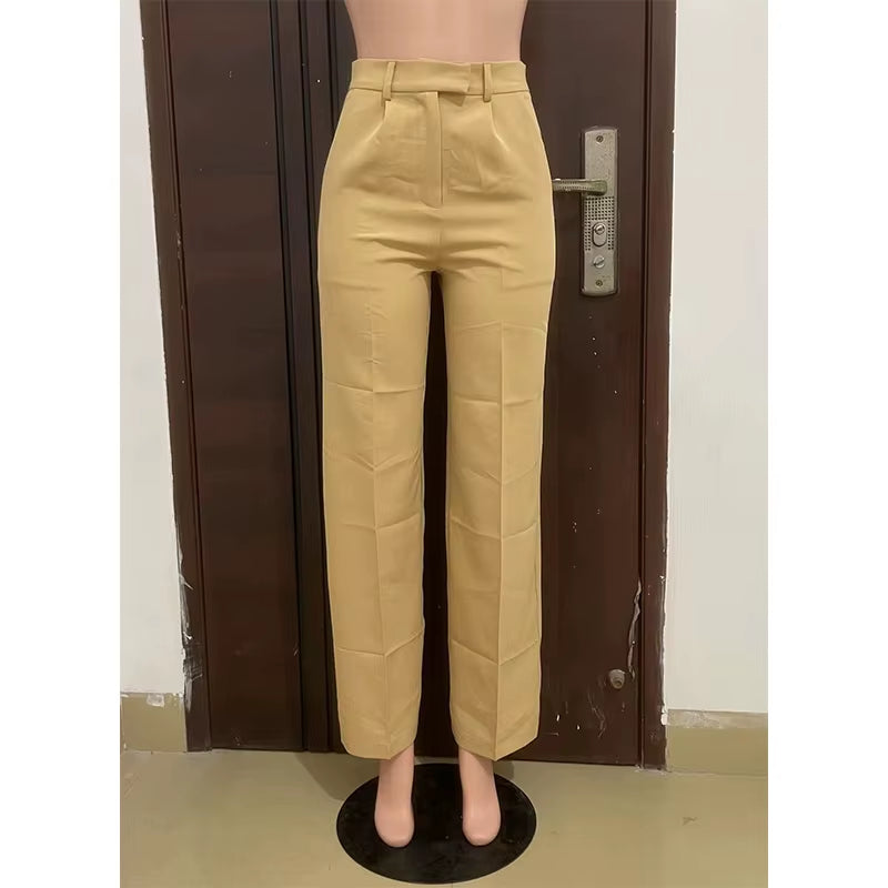 Wide Leg Straight Dress Pants with Pocket Women Plain Color Business Casual Pants Loose Fit Midi Waist Office Trousers