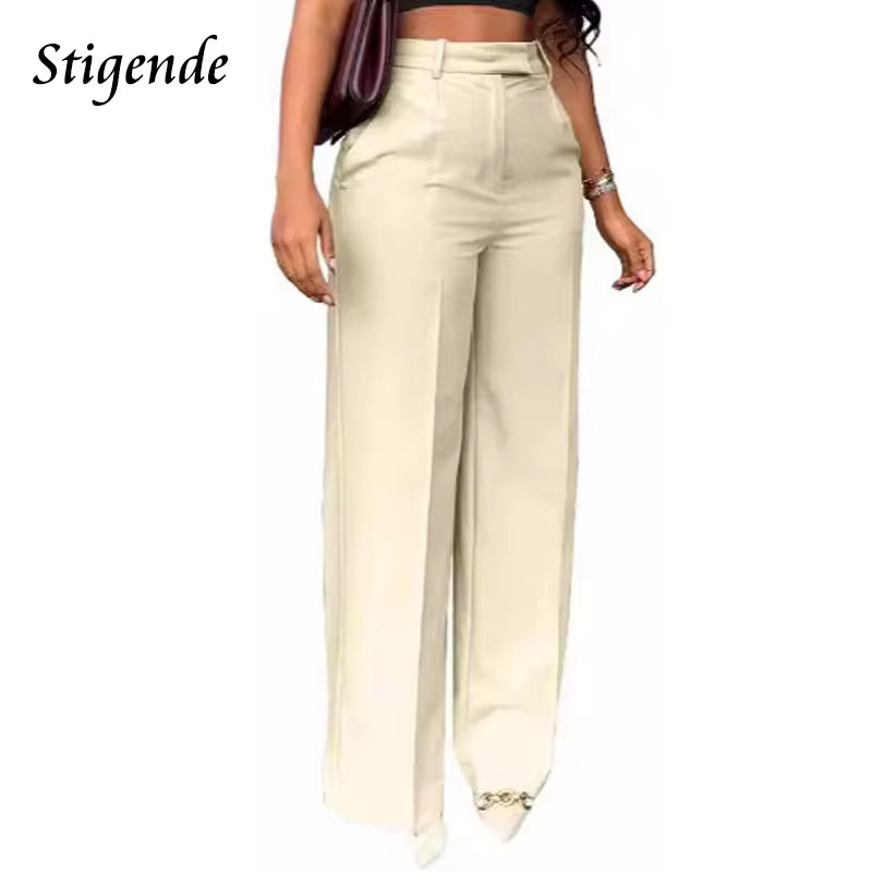 Wide Leg Straight Dress Pants with Pocket Women Plain Color Business Casual Pants Loose Fit Midi Waist Office Trousers