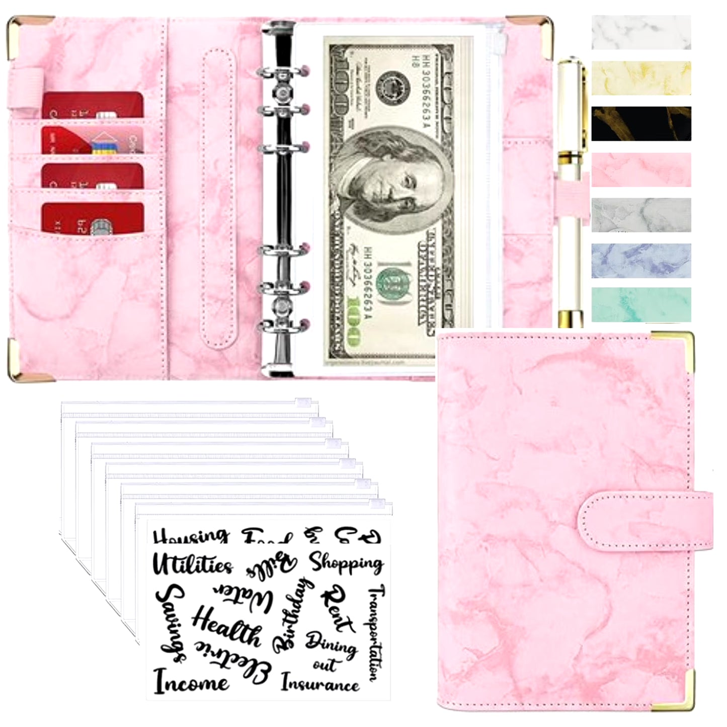 A6 Money Saving Organizer PU Leather Budget Binder Marble Notebook Budgets Planner 2023 Envelope Office School Supplies