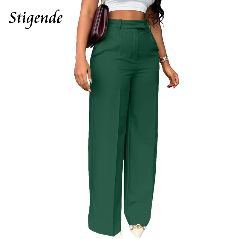 Wide Leg Straight Dress Pants with Pocket Women Plain Color Business Casual Pants Loose Fit Midi Waist Office Trousers