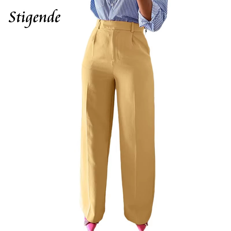 Wide Leg Straight Dress Pants with Pocket Women Plain Color Business Casual Pants Loose Fit Midi Waist Office Trousers