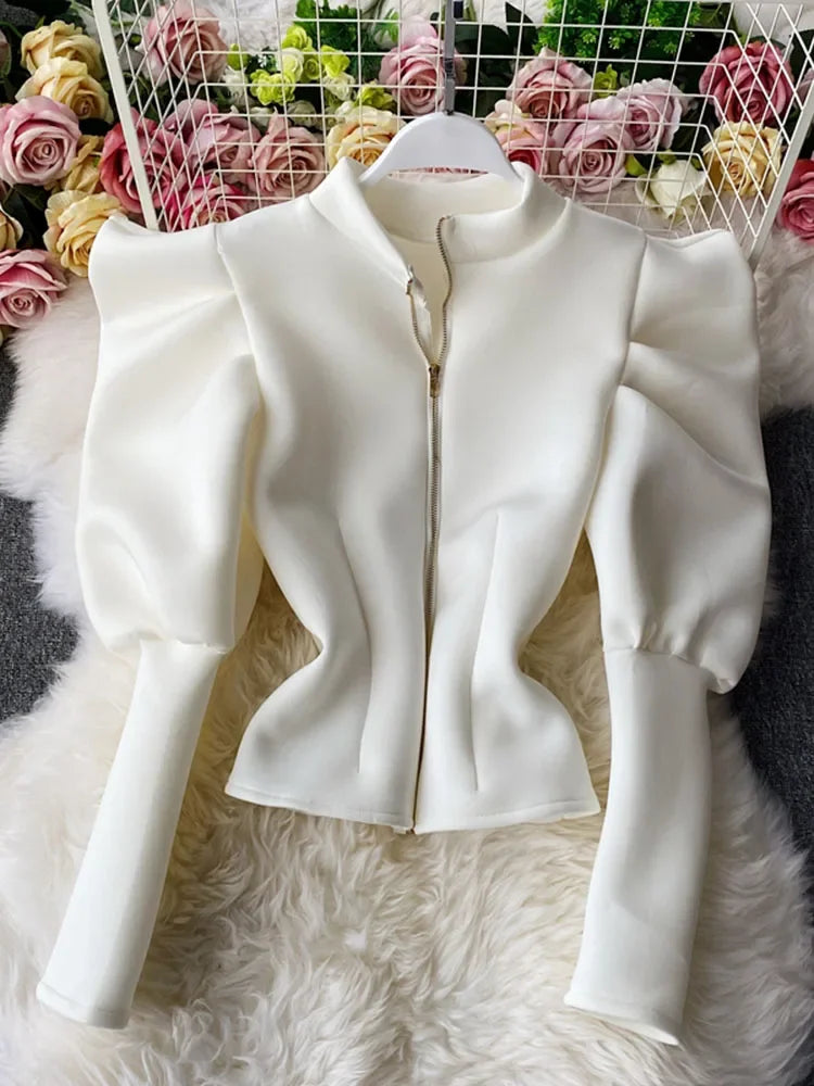 Temperament Stand-Up Collar Shirt Women New Sping Autumn Winter Slim Long-Sleeved Puff Sleeve Top GX1462