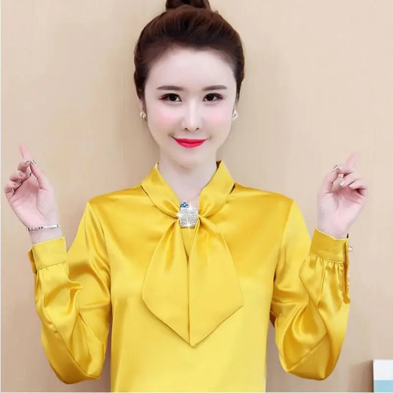 Spring and Summer Satin Shirt Women'S 2023 New Korean Fashion Glossy Top Premium Bow V-Neck Long Sleeve Shirt