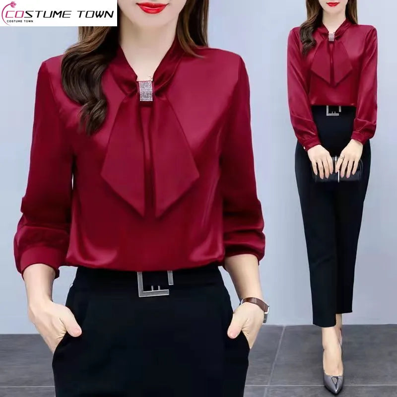 Spring and Summer Satin Shirt Women'S 2023 New Korean Fashion Glossy Top Premium Bow V-Neck Long Sleeve Shirt