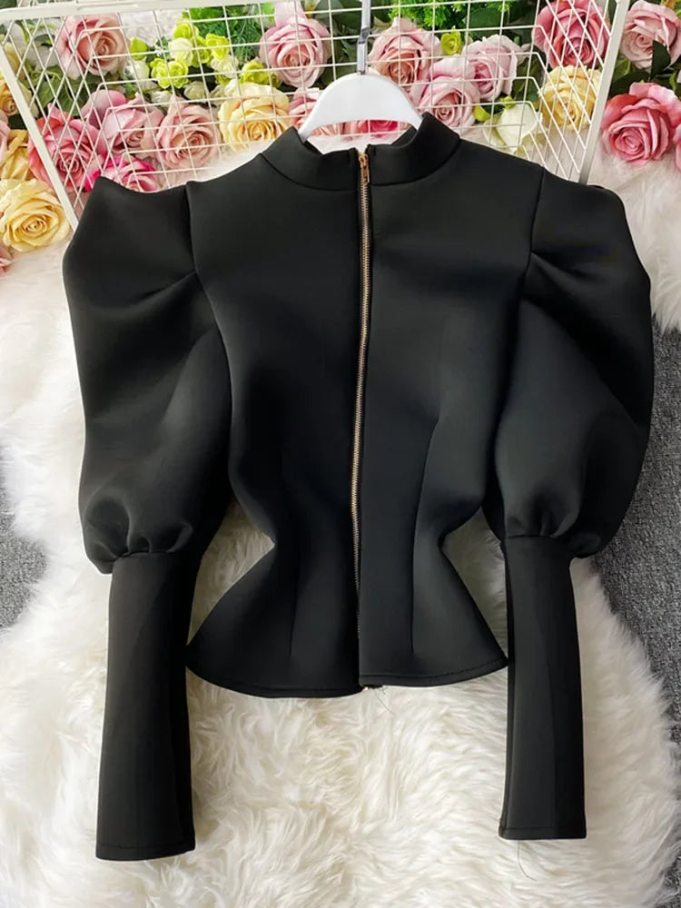 Temperament Stand-Up Collar Shirt Women New Sping Autumn Winter Slim Long-Sleeved Puff Sleeve Top GX1462