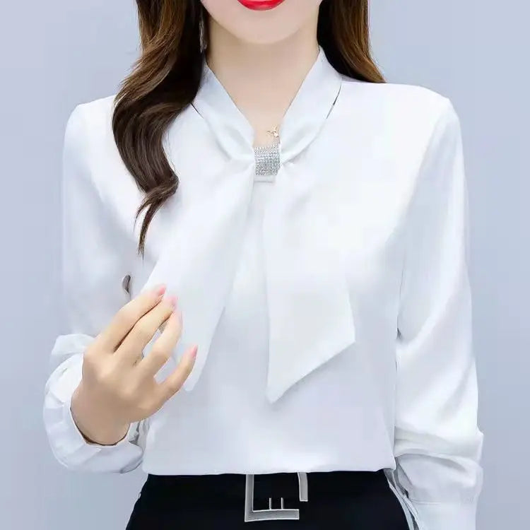 Spring and Summer Satin Shirt Women'S 2023 New Korean Fashion Glossy Top Premium Bow V-Neck Long Sleeve Shirt