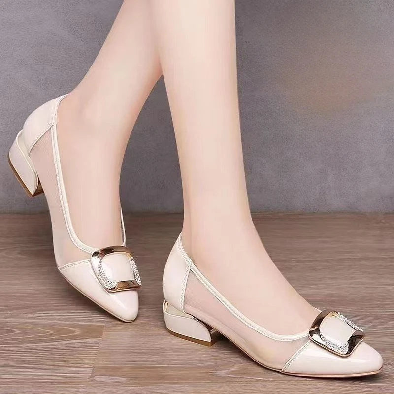 Soft Leather Office Work Shoes Women'S Four-Season Versatile Medium Heel Shoes Thick Heel Shallow Professional Leather Shoes