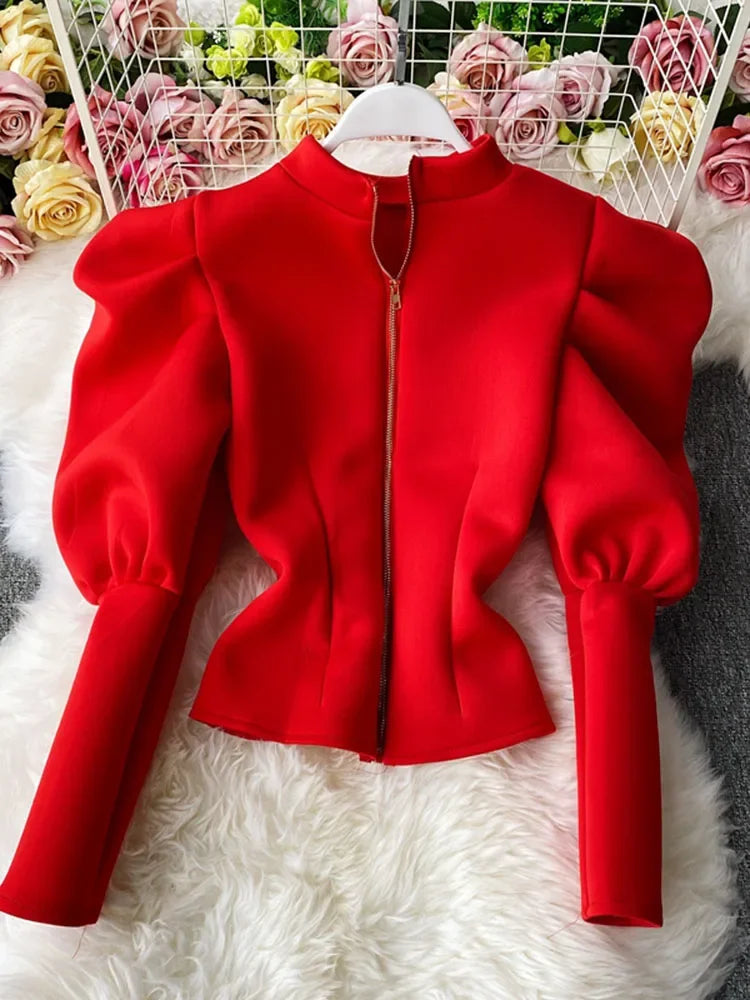 Temperament Stand-Up Collar Shirt Women New Sping Autumn Winter Slim Long-Sleeved Puff Sleeve Top GX1462