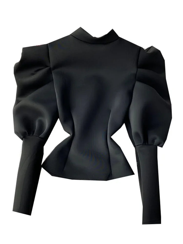 Temperament Stand-Up Collar Shirt Women New Sping Autumn Winter Slim Long-Sleeved Puff Sleeve Top GX1462