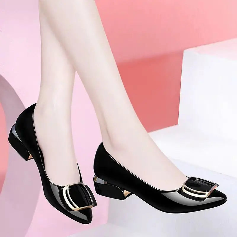 Soft Leather Office Work Shoes Women'S Four-Season Versatile Medium Heel Shoes Thick Heel Shallow Professional Leather Shoes