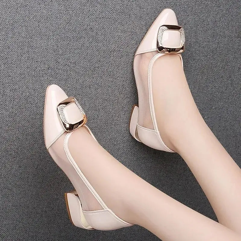 Soft Leather Office Work Shoes Women'S Four-Season Versatile Medium Heel Shoes Thick Heel Shallow Professional Leather Shoes