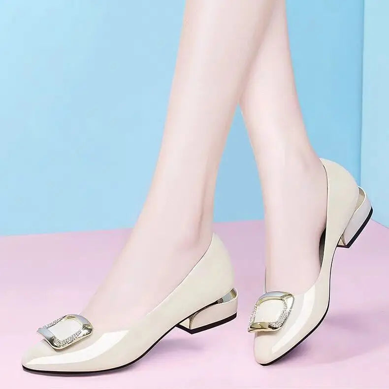 Soft Leather Office Work Shoes Women'S Four-Season Versatile Medium Heel Shoes Thick Heel Shallow Professional Leather Shoes