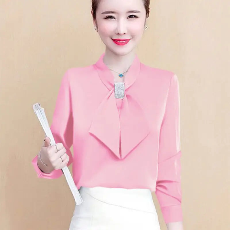 Spring and Summer Satin Shirt Women'S 2023 New Korean Fashion Glossy Top Premium Bow V-Neck Long Sleeve Shirt