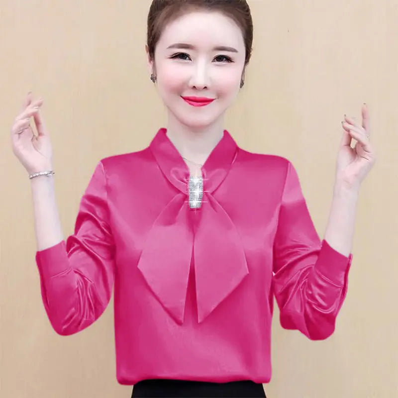 Spring and Summer Satin Shirt Women'S 2023 New Korean Fashion Glossy Top Premium Bow V-Neck Long Sleeve Shirt