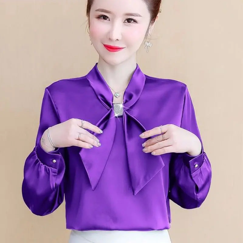 Spring and Summer Satin Shirt Women'S 2023 New Korean Fashion Glossy Top Premium Bow V-Neck Long Sleeve Shirt