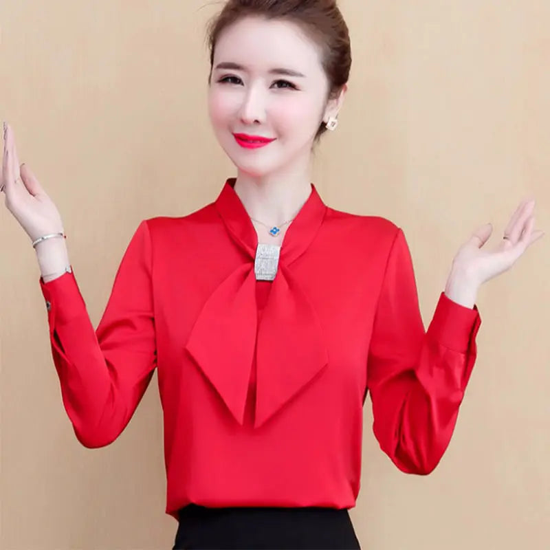 Spring and Summer Satin Shirt Women'S 2023 New Korean Fashion Glossy Top Premium Bow V-Neck Long Sleeve Shirt
