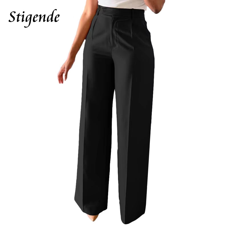 Wide Leg Straight Dress Pants with Pocket Women Plain Color Business Casual Pants Loose Fit Midi Waist Office Trousers