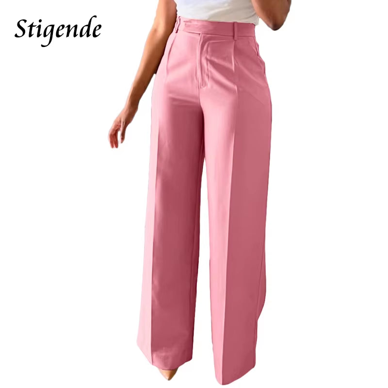 Wide Leg Straight Dress Pants with Pocket Women Plain Color Business Casual Pants Loose Fit Midi Waist Office Trousers