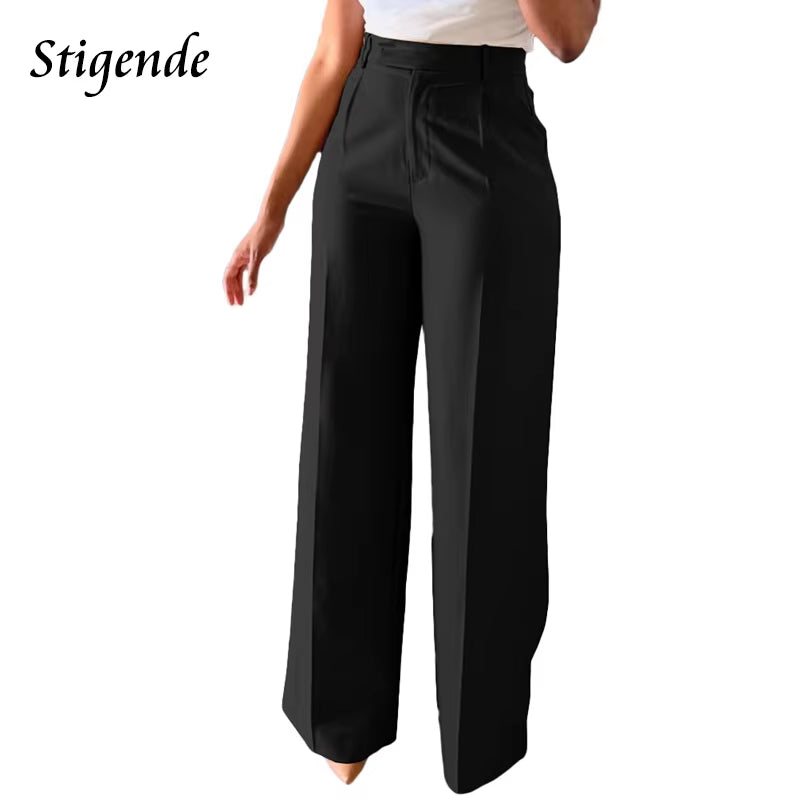 Wide Leg Straight Dress Pants with Pocket Women Plain Color Business Casual Pants Loose Fit Midi Waist Office Trousers