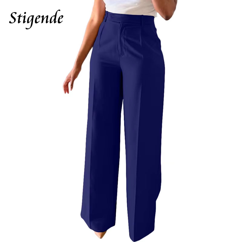 Wide Leg Straight Dress Pants with Pocket Women Plain Color Business Casual Pants Loose Fit Midi Waist Office Trousers
