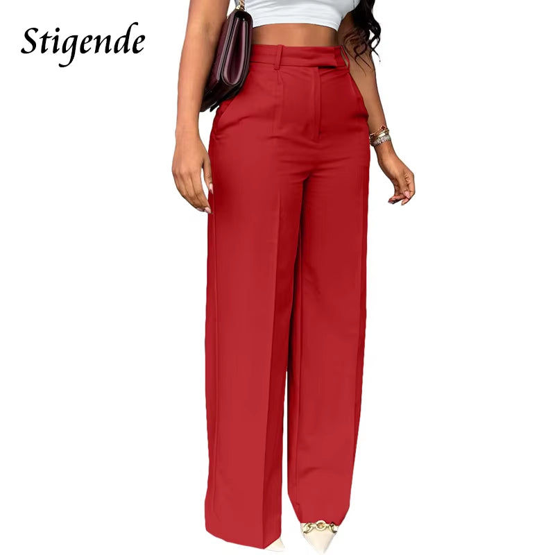 Wide Leg Straight Dress Pants with Pocket Women Plain Color Business Casual Pants Loose Fit Midi Waist Office Trousers
