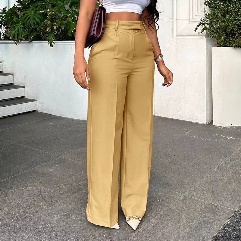 Wide Leg Straight Dress Pants with Pocket Women Plain Color Business Casual Pants Loose Fit Midi Waist Office Trousers