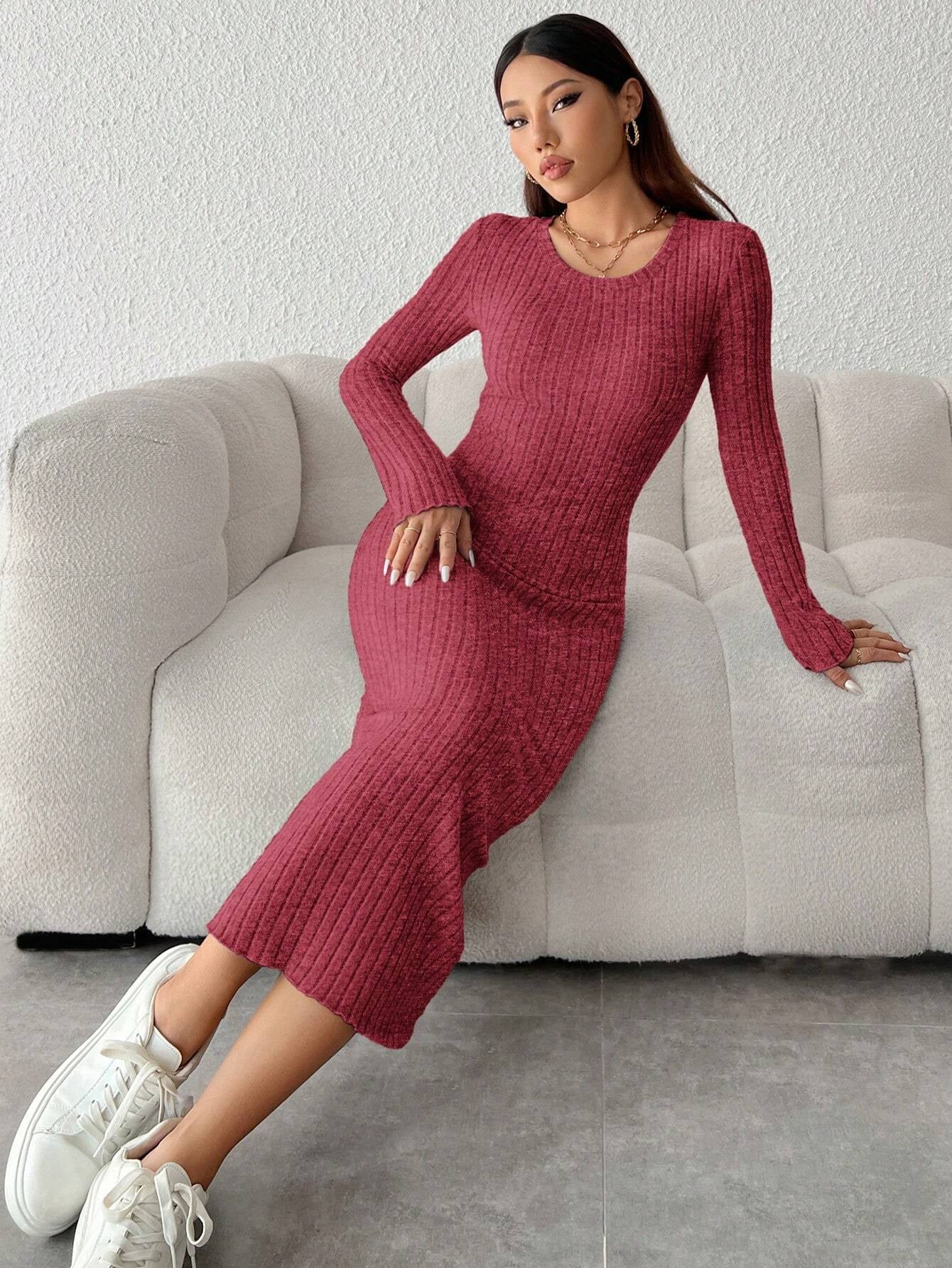 PETITE Solid Color Long Sleeve Dress