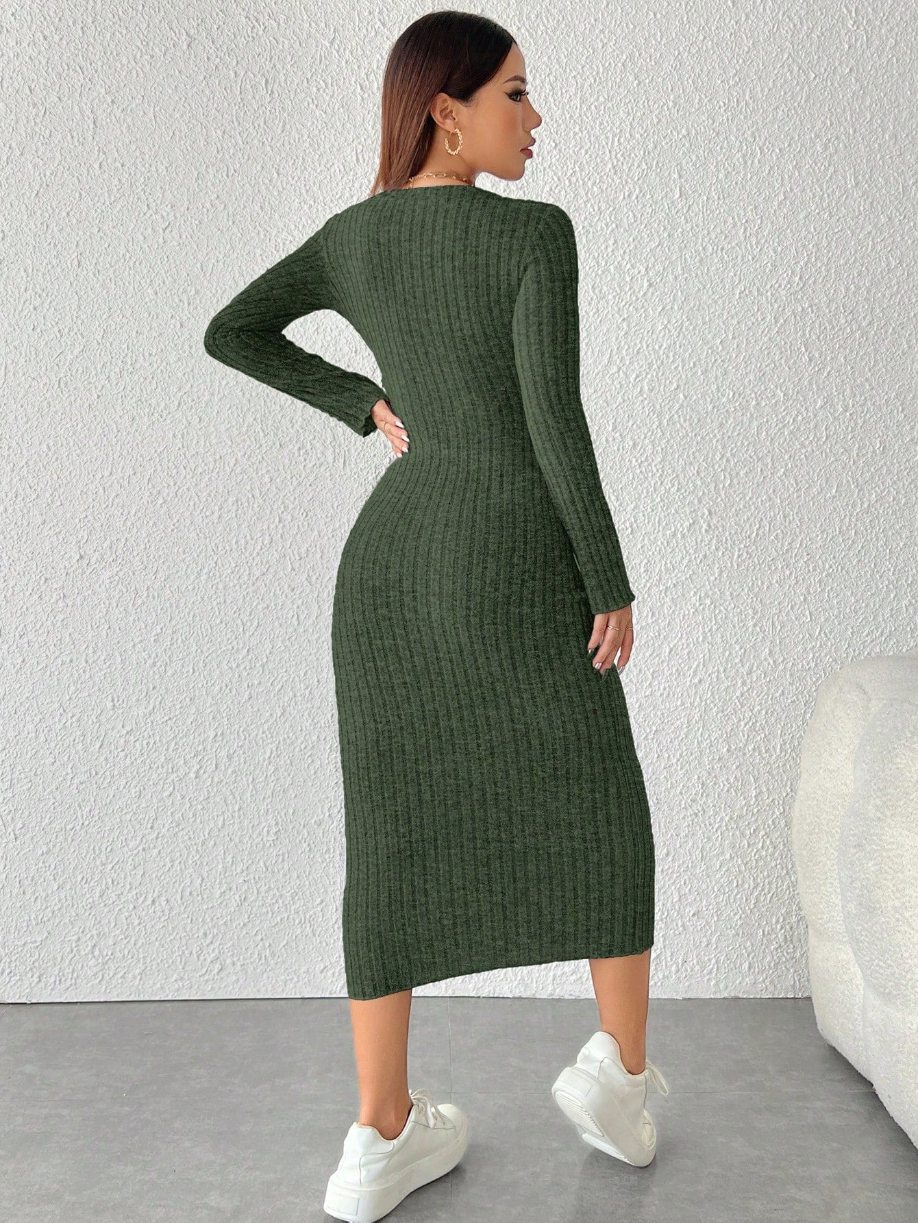 PETITE Solid Color Long Sleeve Dress
