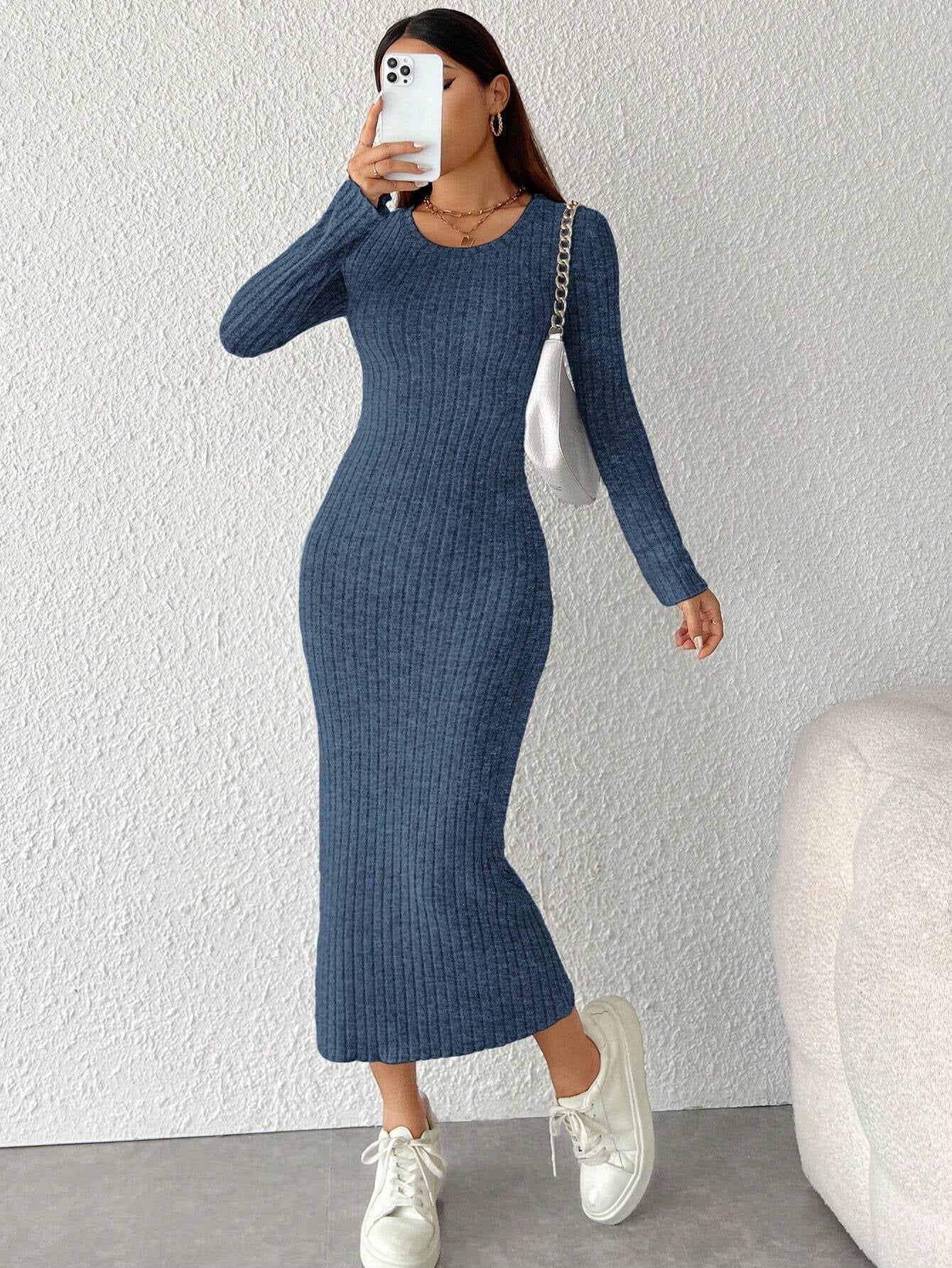 PETITE Solid Color Long Sleeve Dress