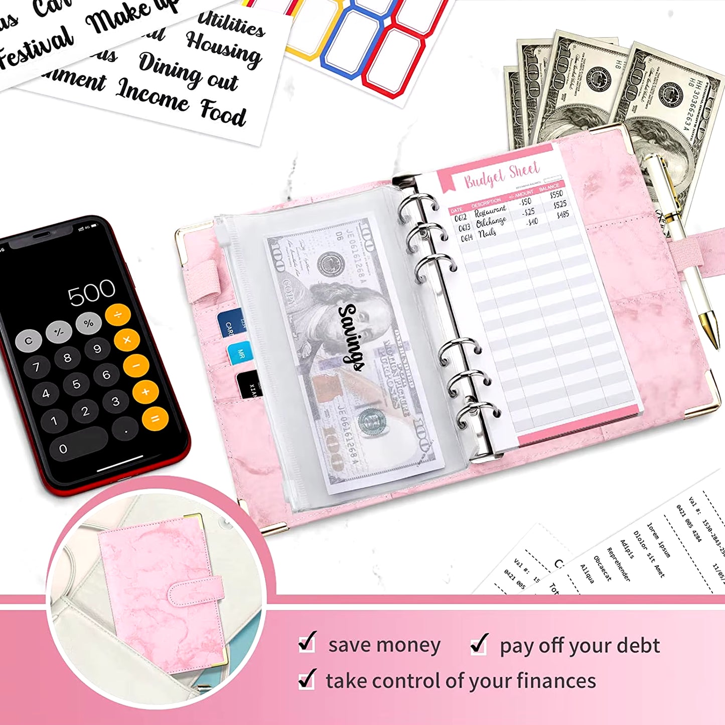 A6 Money Saving Organizer PU Leather Budget Binder Marble Notebook Budgets Planner 2023 Envelope Office School Supplies