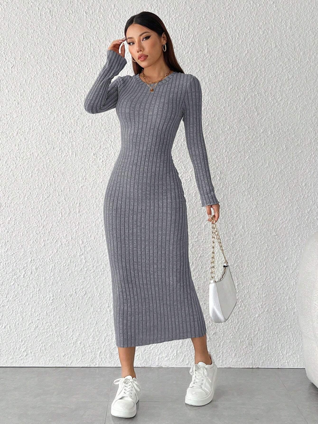 PETITE Solid Color Long Sleeve Dress