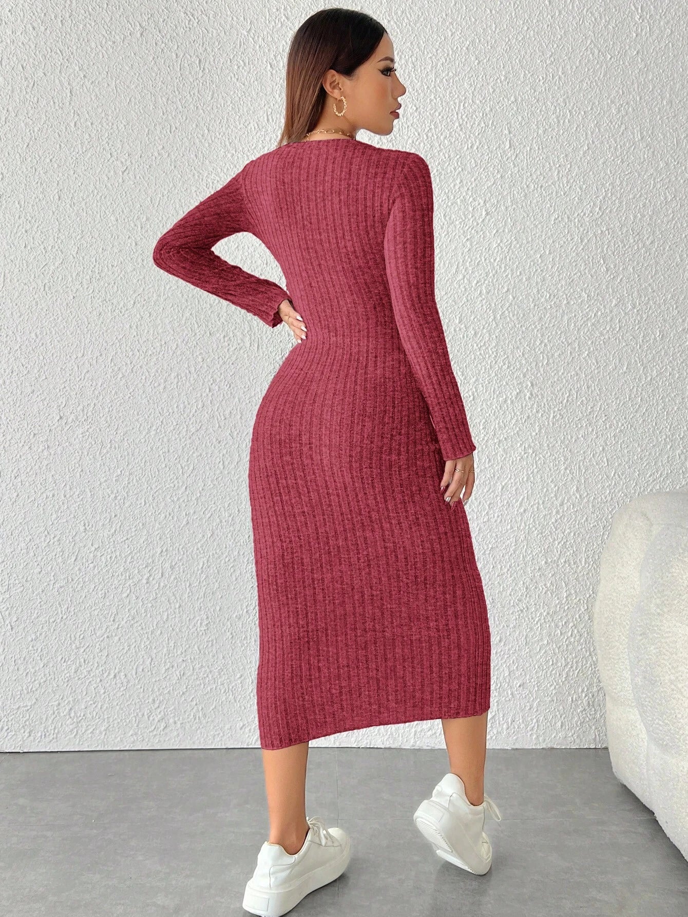 PETITE Solid Color Long Sleeve Dress