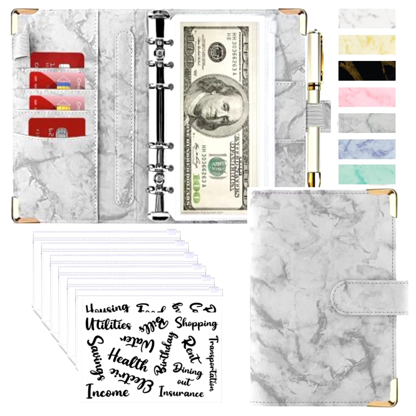 A6 Money Saving Organizer PU Leather Budget Binder Marble Notebook Budgets Planner 2023 Envelope Office School Supplies