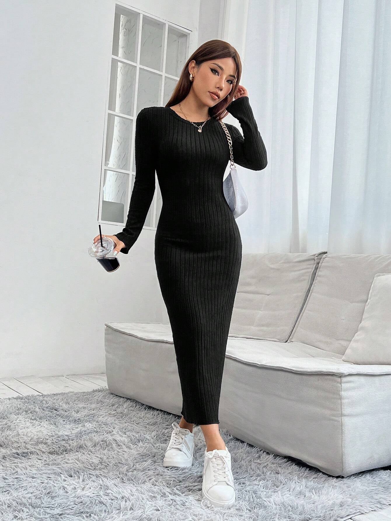 PETITE Solid Color Long Sleeve Dress