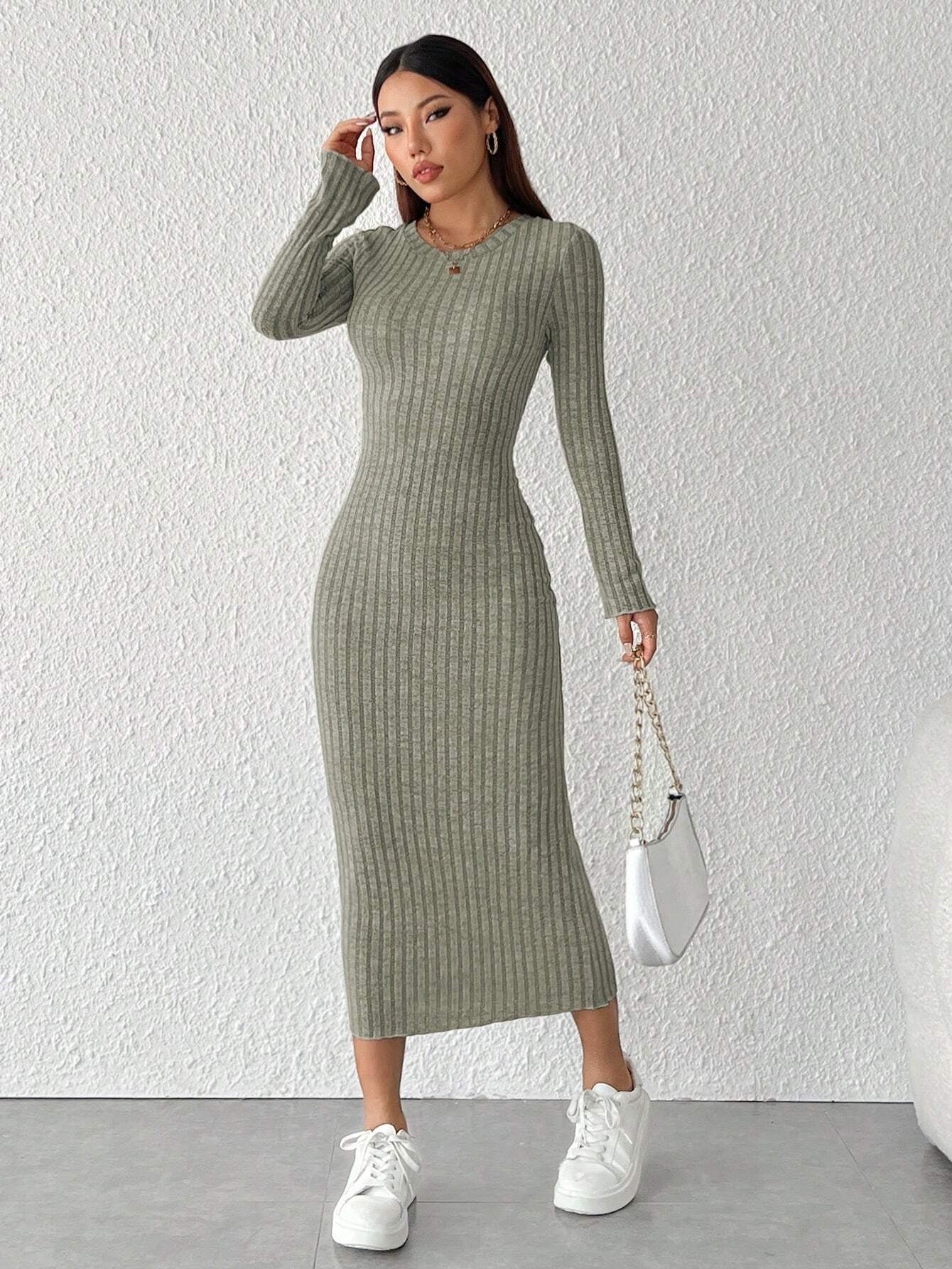 PETITE Solid Color Long Sleeve Dress