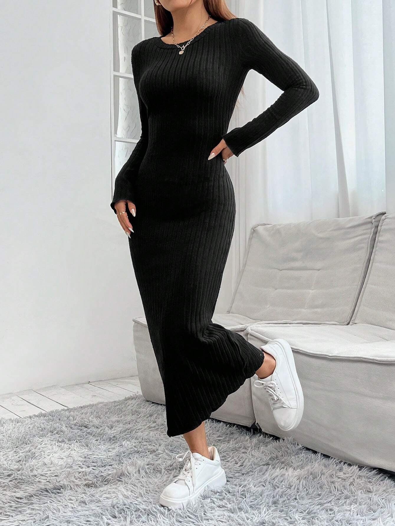 PETITE Solid Color Long Sleeve Dress