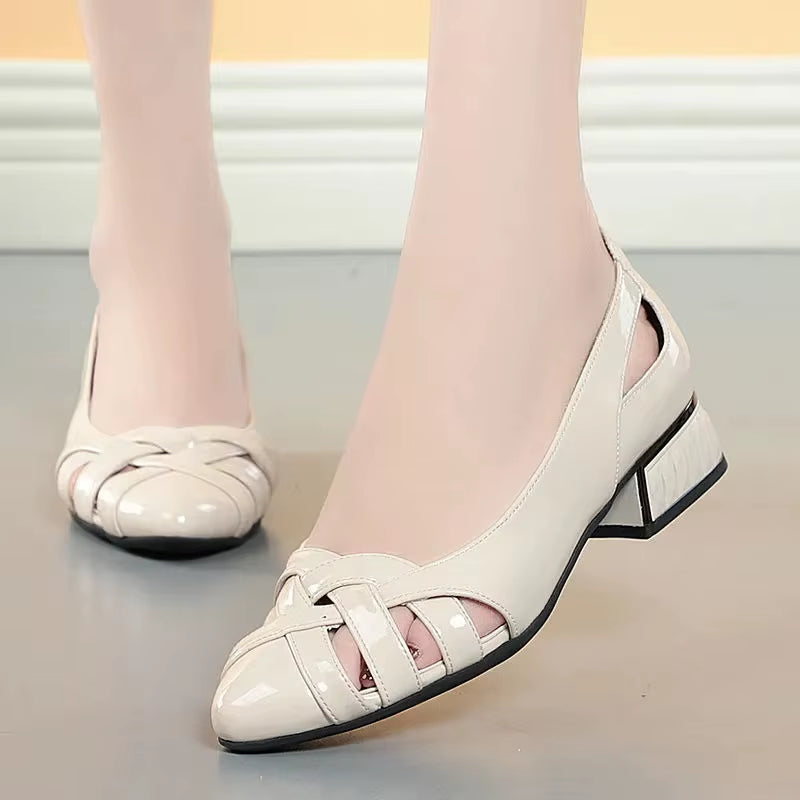 Women Cute Light Weight Hollow Out Spring & Summer Slip on Office Heel Shoes Lady Casual Black Patent Leather Party Shoes A17