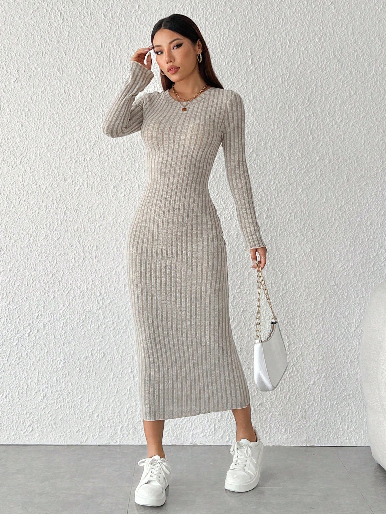 PETITE Solid Color Long Sleeve Dress