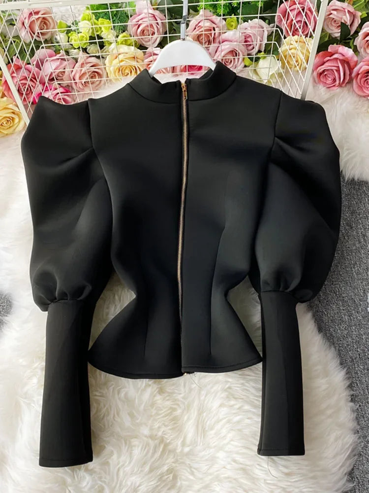 Temperament Stand-Up Collar Shirt Women New Sping Autumn Winter Slim Long-Sleeved Puff Sleeve Top GX1462