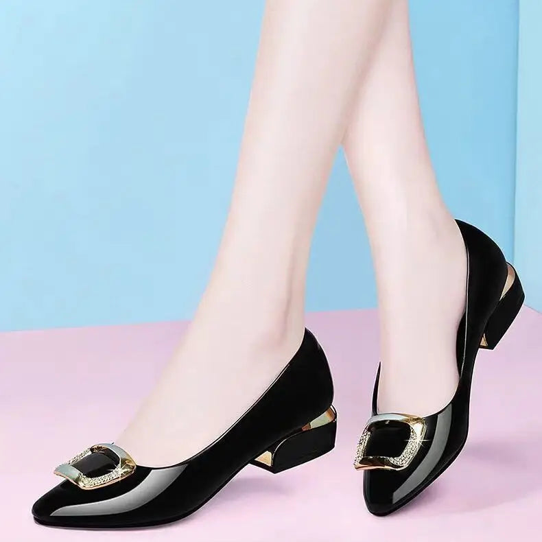 Soft Leather Office Work Shoes Women'S Four-Season Versatile Medium Heel Shoes Thick Heel Shallow Professional Leather Shoes