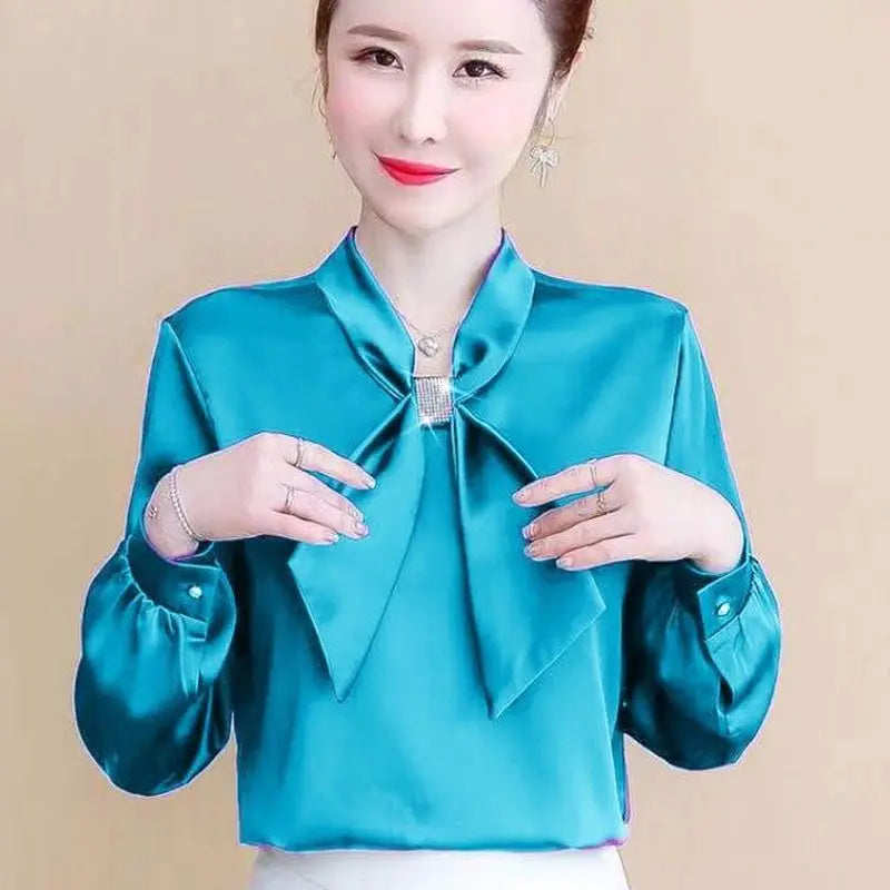 Spring and Summer Satin Shirt Women'S 2023 New Korean Fashion Glossy Top Premium Bow V-Neck Long Sleeve Shirt