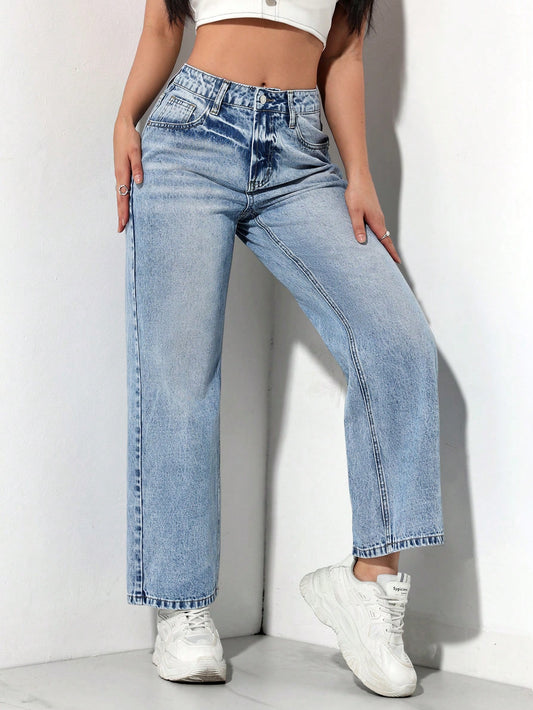 PETITE Women'S Casual Lightweight Wash Front Button Pocket Straight Leg Jeans