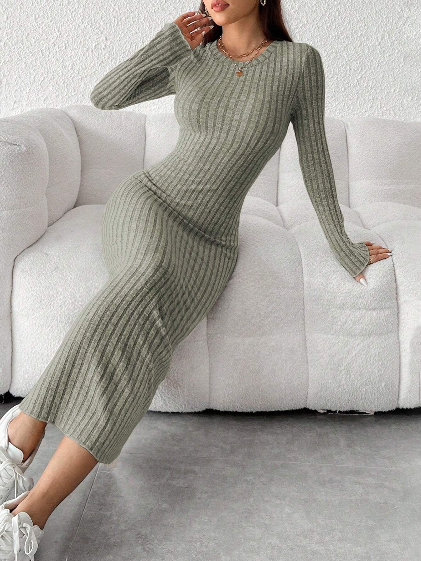 PETITE Solid Color Long Sleeve Dress