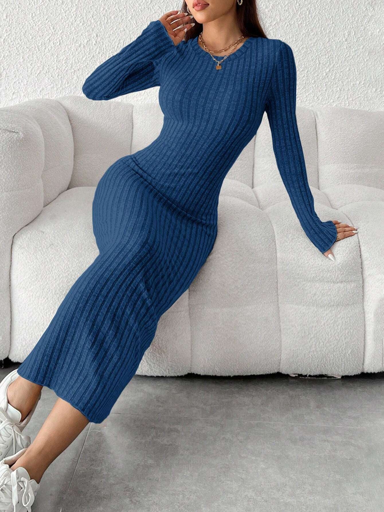 PETITE Solid Color Long Sleeve Dress