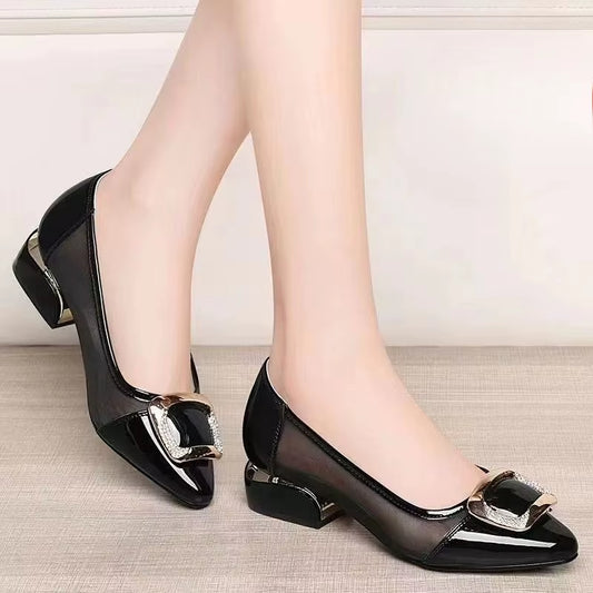 Soft Leather Office Work Shoes Women'S Four-Season Versatile Medium Heel Shoes Thick Heel Shallow Professional Leather Shoes