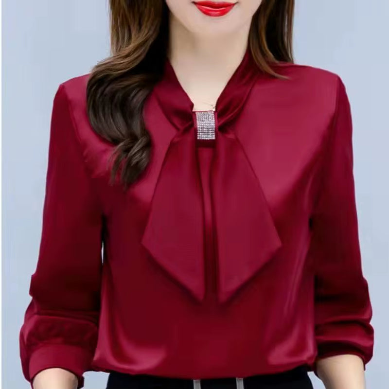 Spring and Summer Satin Shirt Women'S 2023 New Korean Fashion Glossy Top Premium Bow V-Neck Long Sleeve Shirt