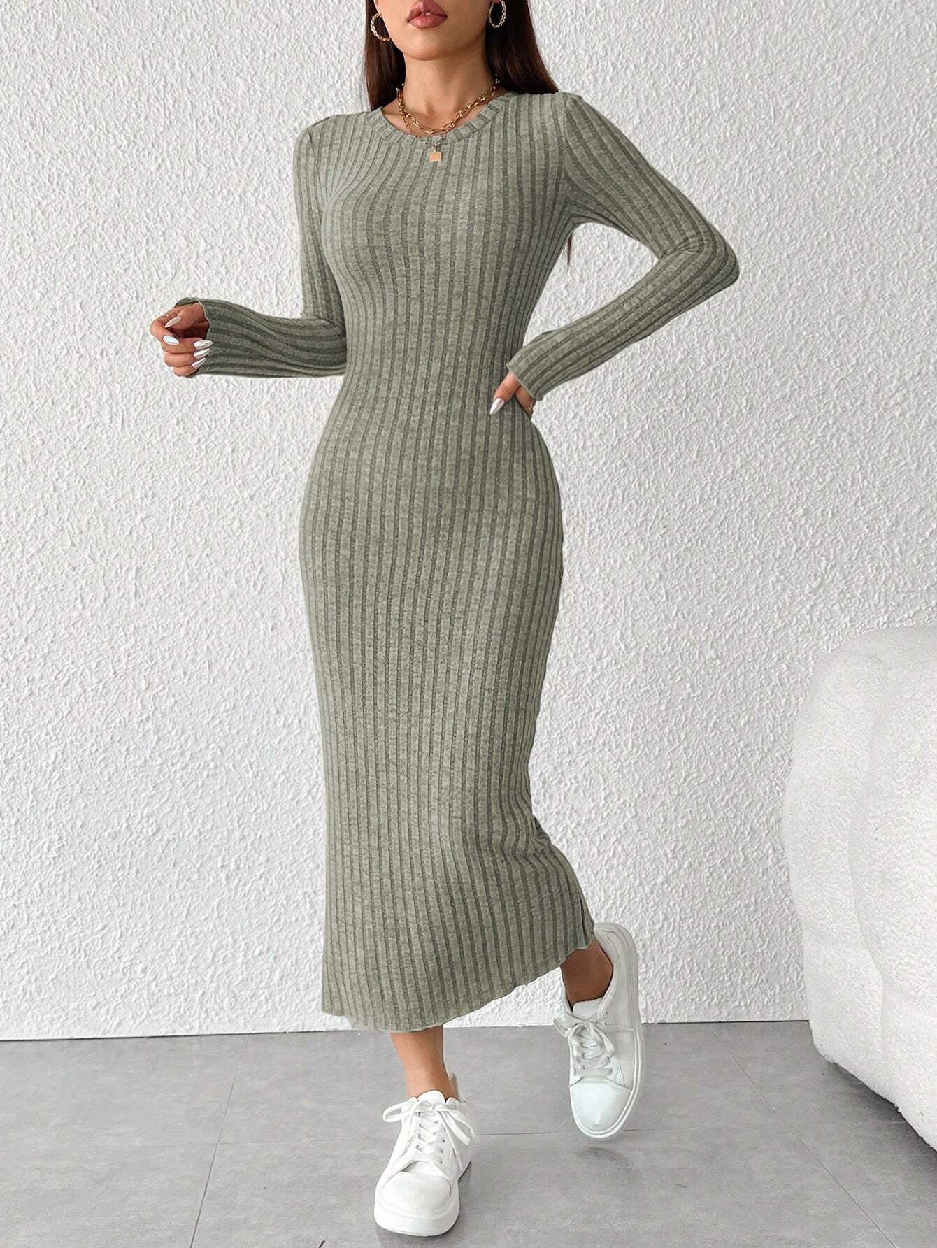 PETITE Solid Color Long Sleeve Dress