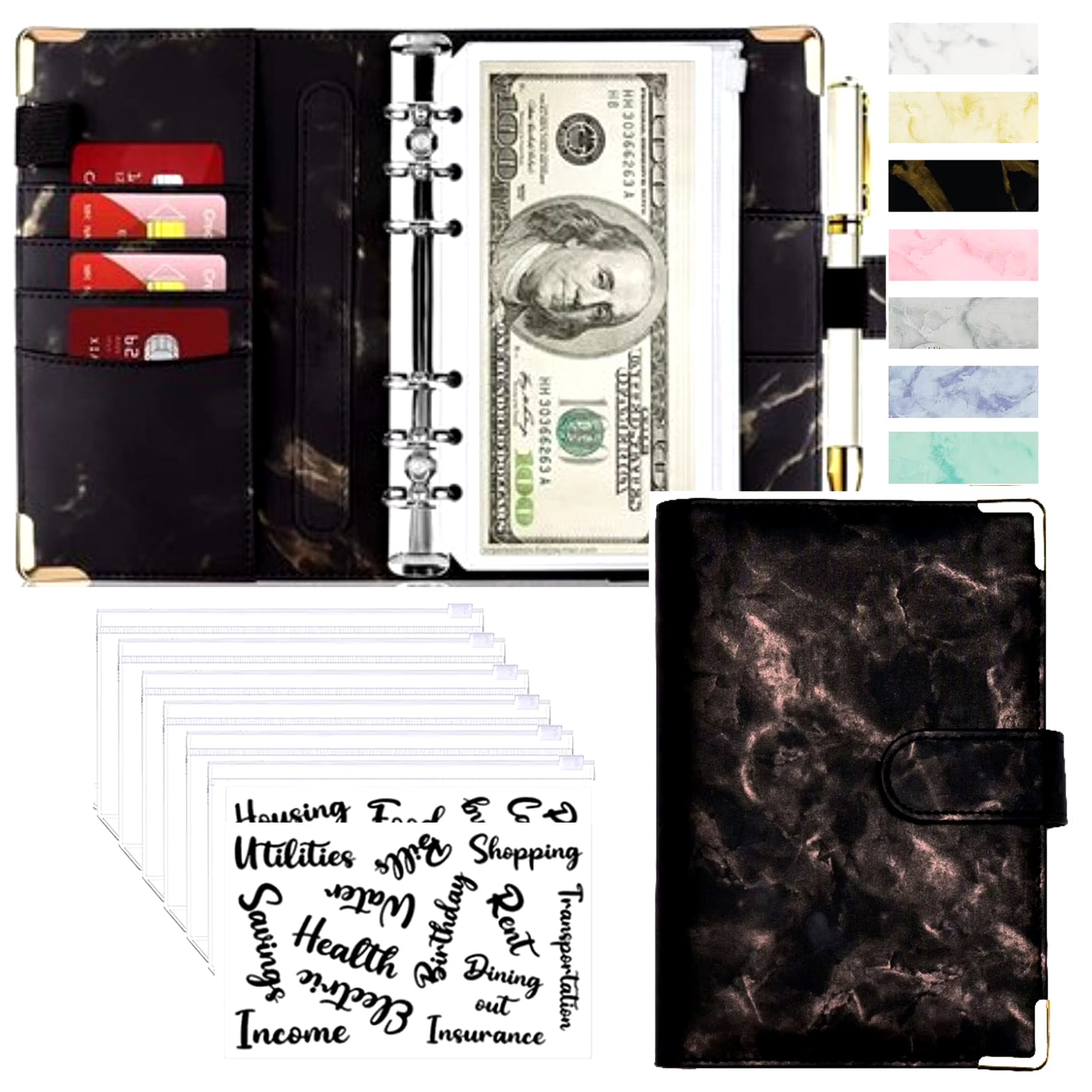 A6 Money Saving Organizer PU Leather Budget Binder Marble Notebook Budgets Planner 2023 Envelope Office School Supplies