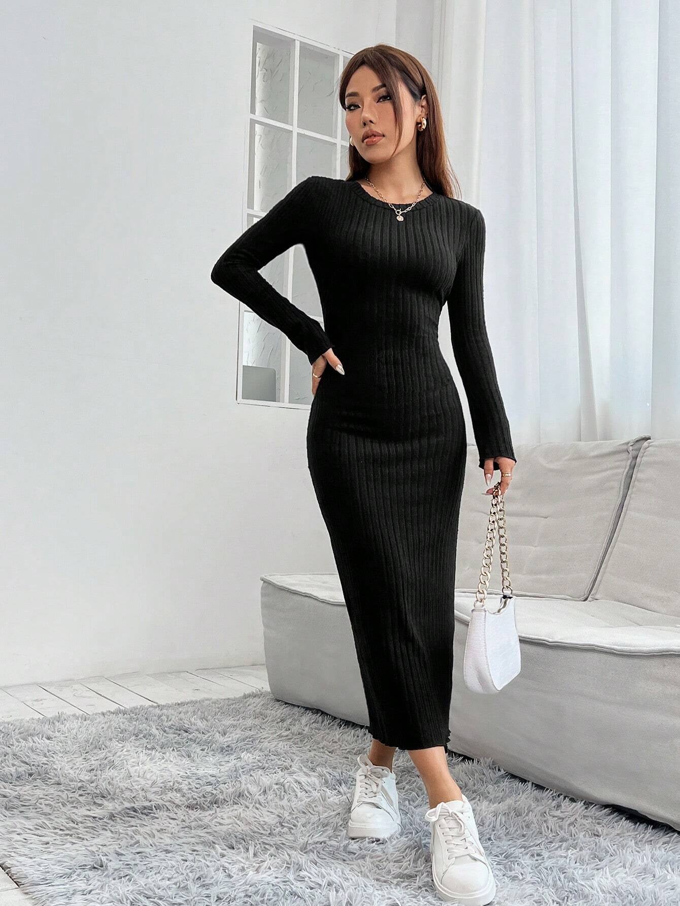 PETITE Solid Color Long Sleeve Dress